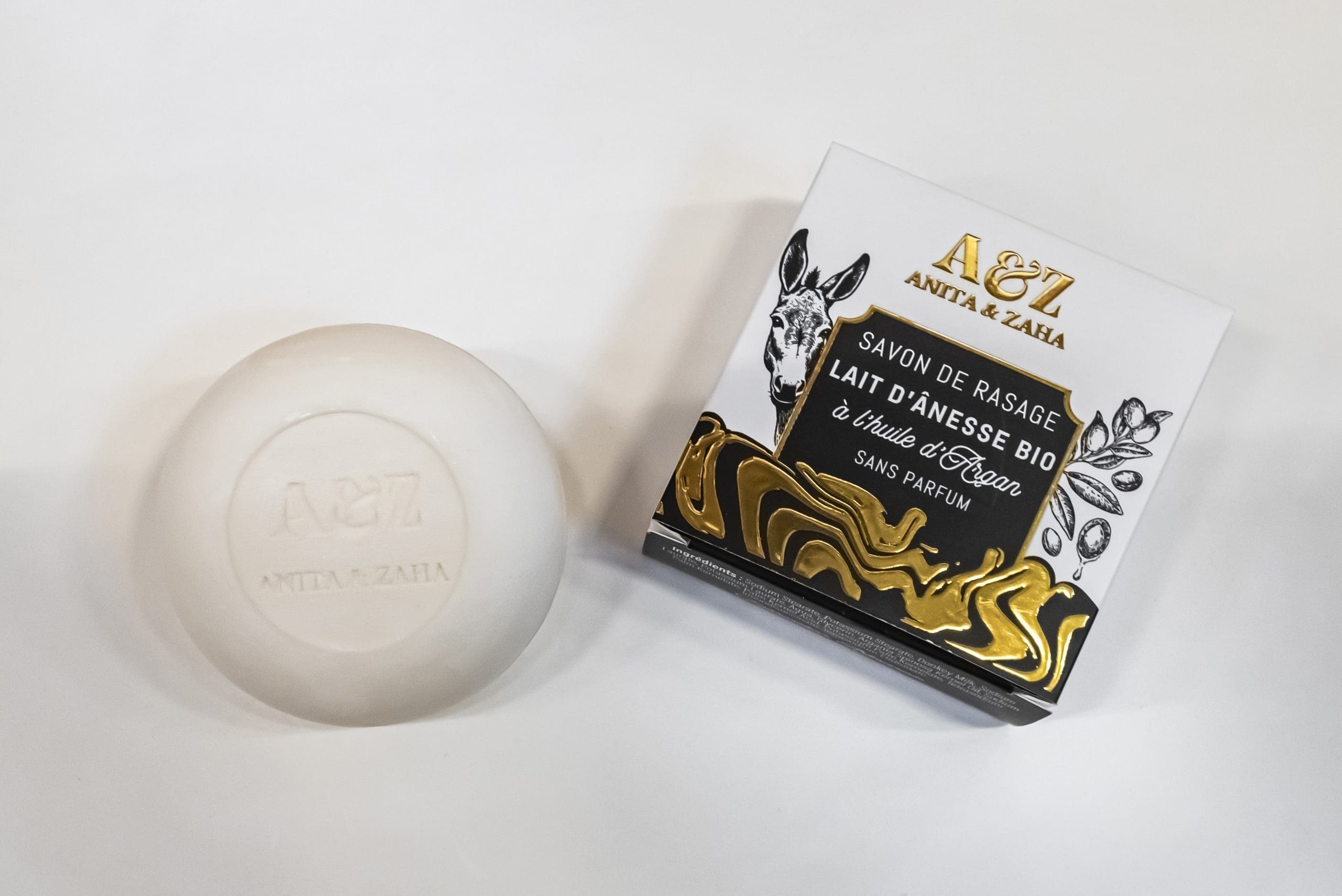 Savon de rasage ANITA & ZAHA au lait d’ânesse bio et à l’huile d’Argan, sans graisse animale, zéro déchet
